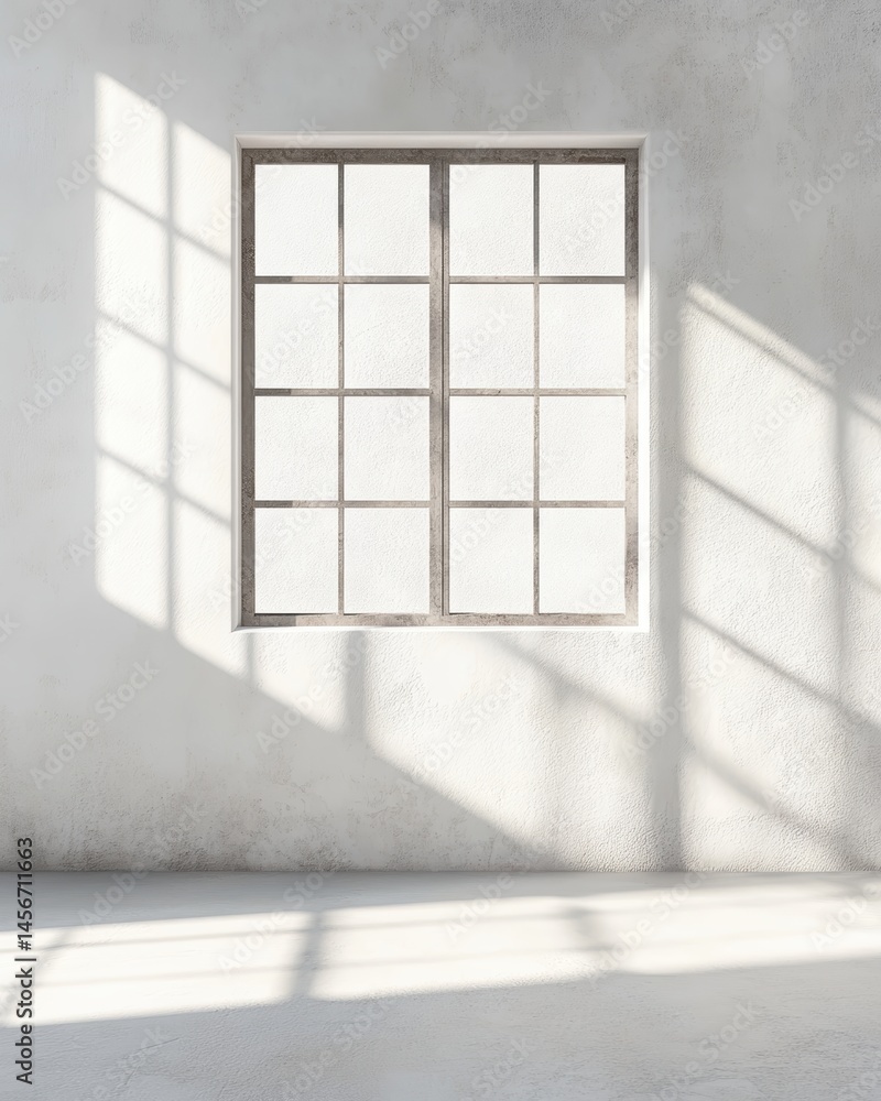 Interior view of empty white room with window light casting shadows on wall and floor minimalist architecture
