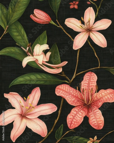 Obraz na płótnie Botanical illustration of pink lilies with green leaves on a dark background close up vintage style art w salonie