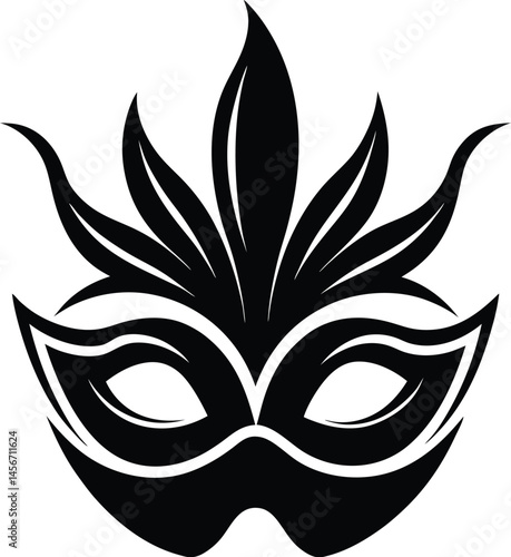 Carnival mask silhouette, Carnival mask icon black silhouette isolated on white background,Mask with feathers pictogram, Vector illustration