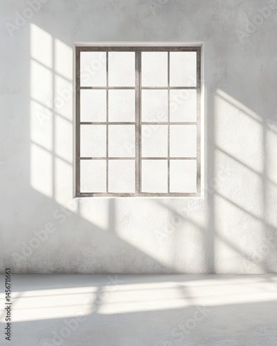 Interior view of empty white room with window light casting shadows on wall and floor minimalist architecture