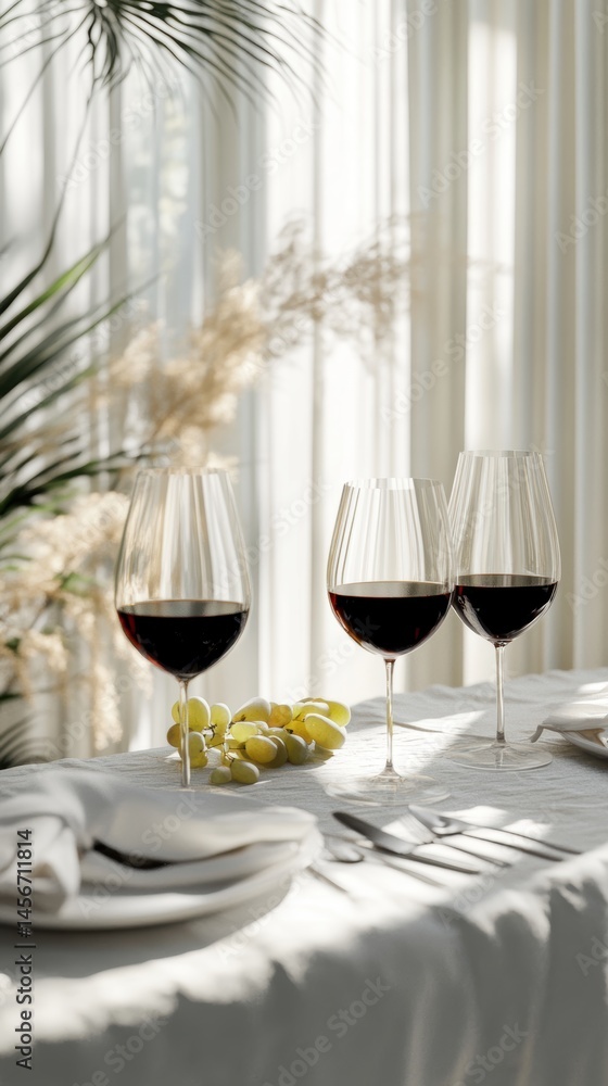 Elegant wine glasses filled with red wine on a table with grapes in soft natural light closeup