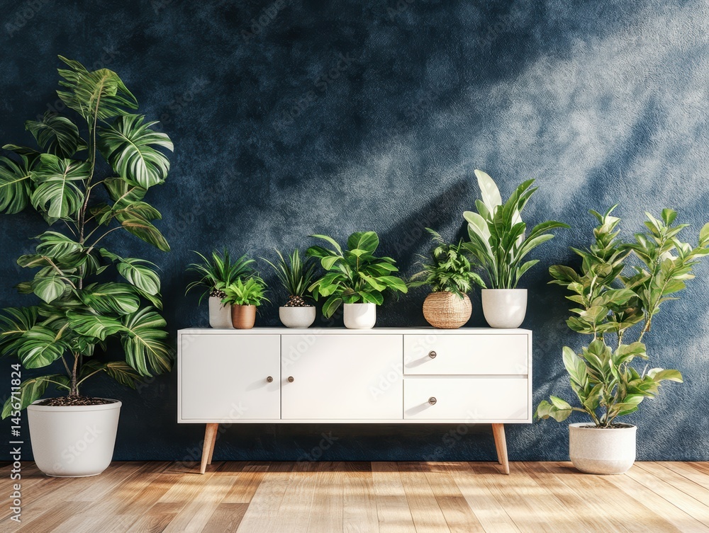 Interior design featuring houseplants on a cabinet against a blue textured wall in a modern style living room setting