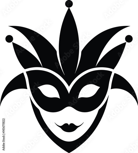 Carnival mask silhouette, Carnival mask icon black silhouette isolated on white background,Mask with feathers pictogram, Vector illustration