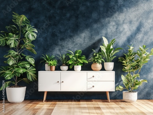 Obraz na płótnie Interior design featuring houseplants on a cabinet against a blue textured wall in a modern style living room setting w salonie