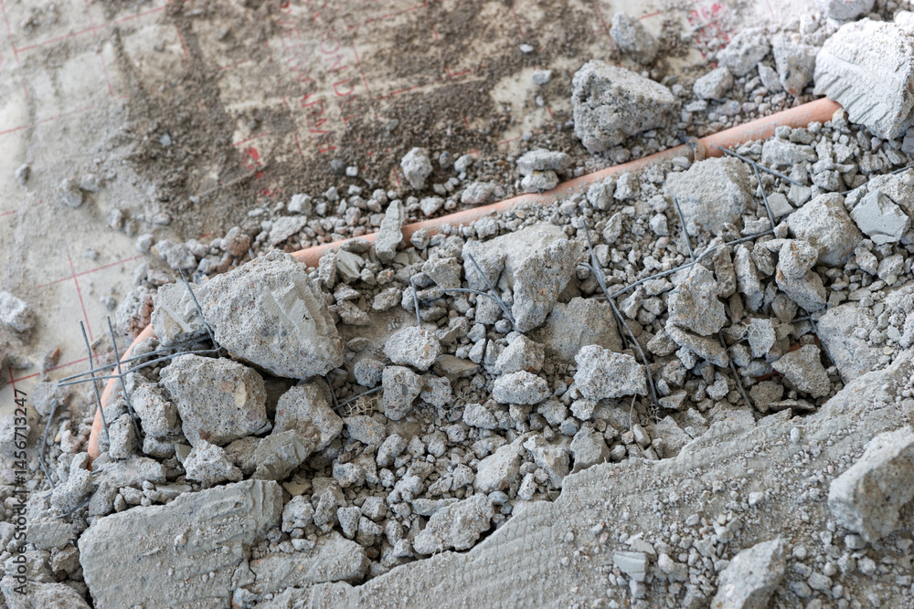 Fototapeta premium Broken floor slab in the house. Construction work