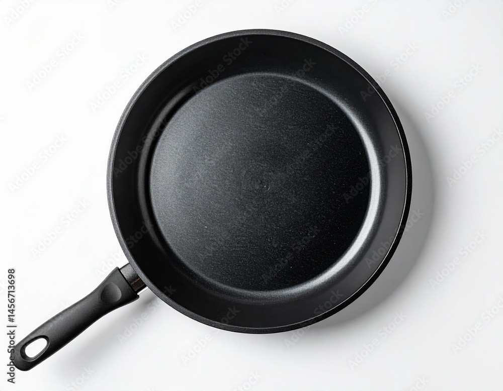 Overhead shot of a non-stick frying pan, black interior and handle, set against a bright white backdrop Overhead shot of a non-stick frying pan, black interior and handle, set against a bright white backdrop
