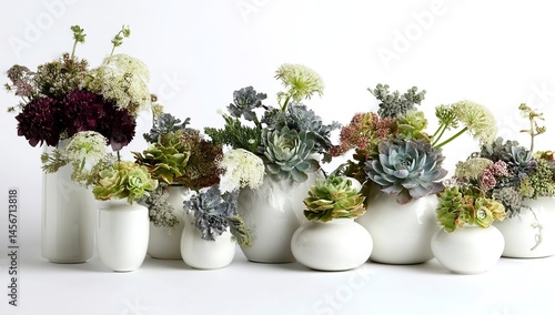 Wallpaper Mural A group of white vases filled with succulents and other flowers, against a white background, Torontodigital.ca