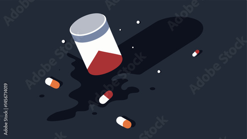 Broken Pill Bottle An overturned pill bottle with pills spilling out surrounded by shadows representing the effects of addiction.