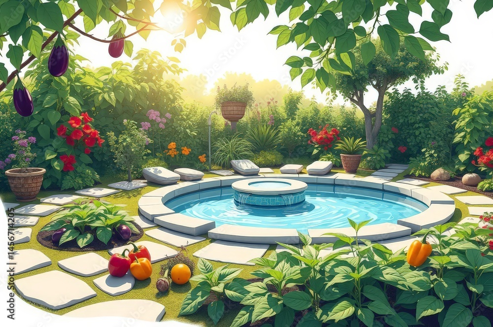 Tranquil Garden with Pool and Vegetables