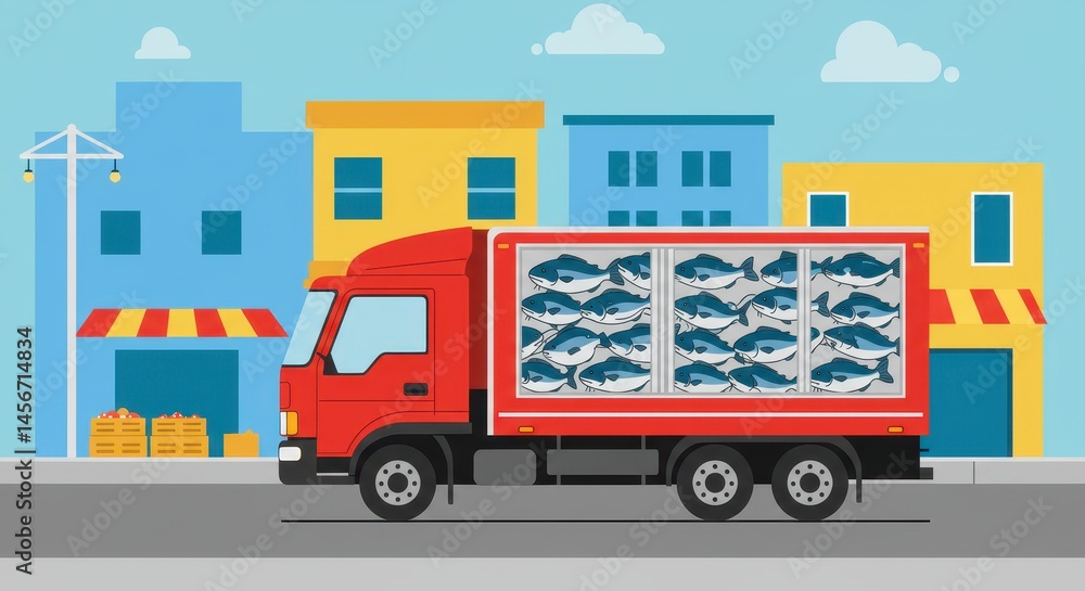 Naklejka premium Fresh Fish Delivery: A Red Truck Loaded with Seafood Rolls Through Town