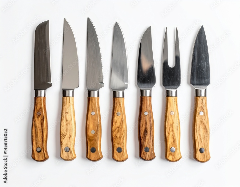 Set of diverse knives laid out on a white backdrop, featuring various blades and wooden handles Set of diverse knives laid out on a white backdrop, featuring various blades and wooden handles