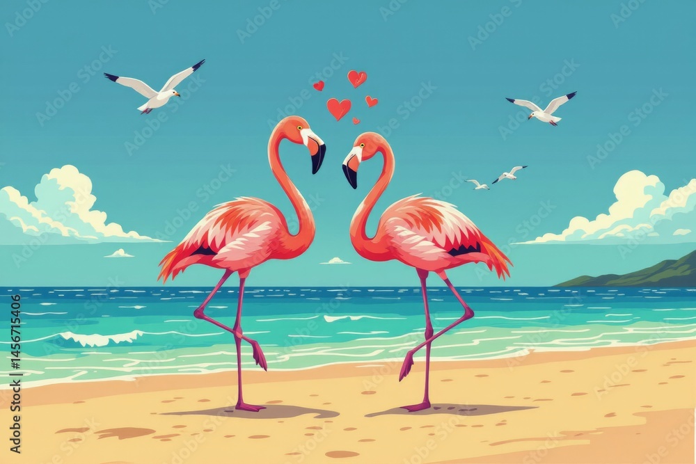 Obraz premium Two flamingos engaged in love dance, beaks touching, surrounded by hearts. Concept of playful flamingo love dance, cheerful animals in whimsical beach scene.