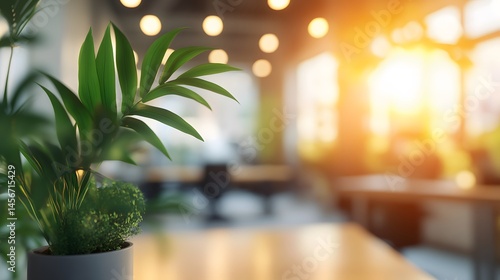 Interior view of a modern workspace with greenery.