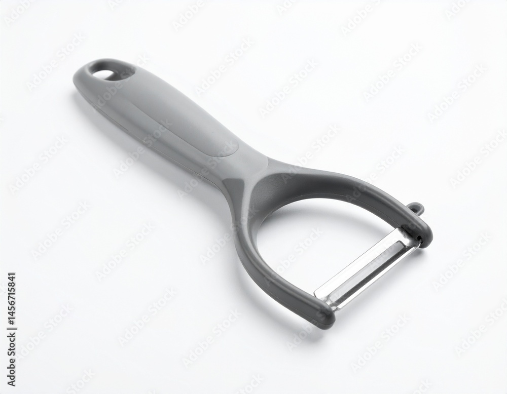 A grey vegetable peeler, featuring a comfortable handle, rounded design, and a sharp blade for efficient peeling of fruits and vegetables A grey vegetable peeler, featuring a comfortable handle, rounded design, and a sharp blade for efficient peeling of fruits and vegetables