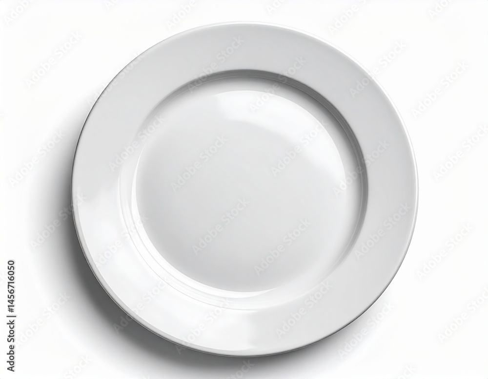 A pristine white plate rests against a clean white background. It is round, smooth, and ready for food. The shadows add depth A pristine white plate rests against a clean white background. It is round, smooth, and ready for food. The shadows add depth