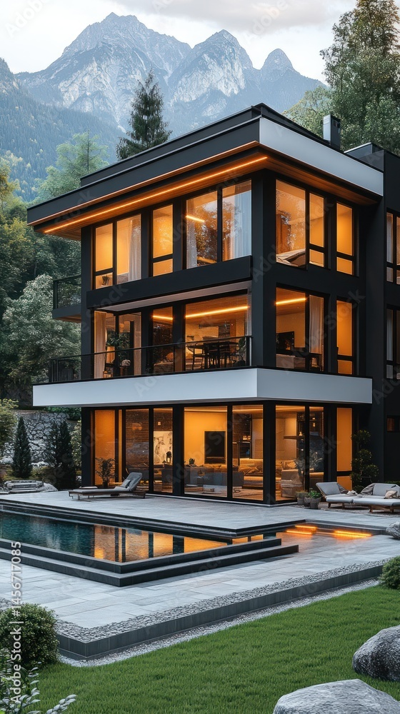 Fototapeta premium Mountain home with pool, warmly lit at dusk