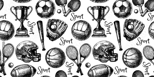 Hand drawn sport  seamless pattern in vintage sketch style. Vector illustration. Not AI generation