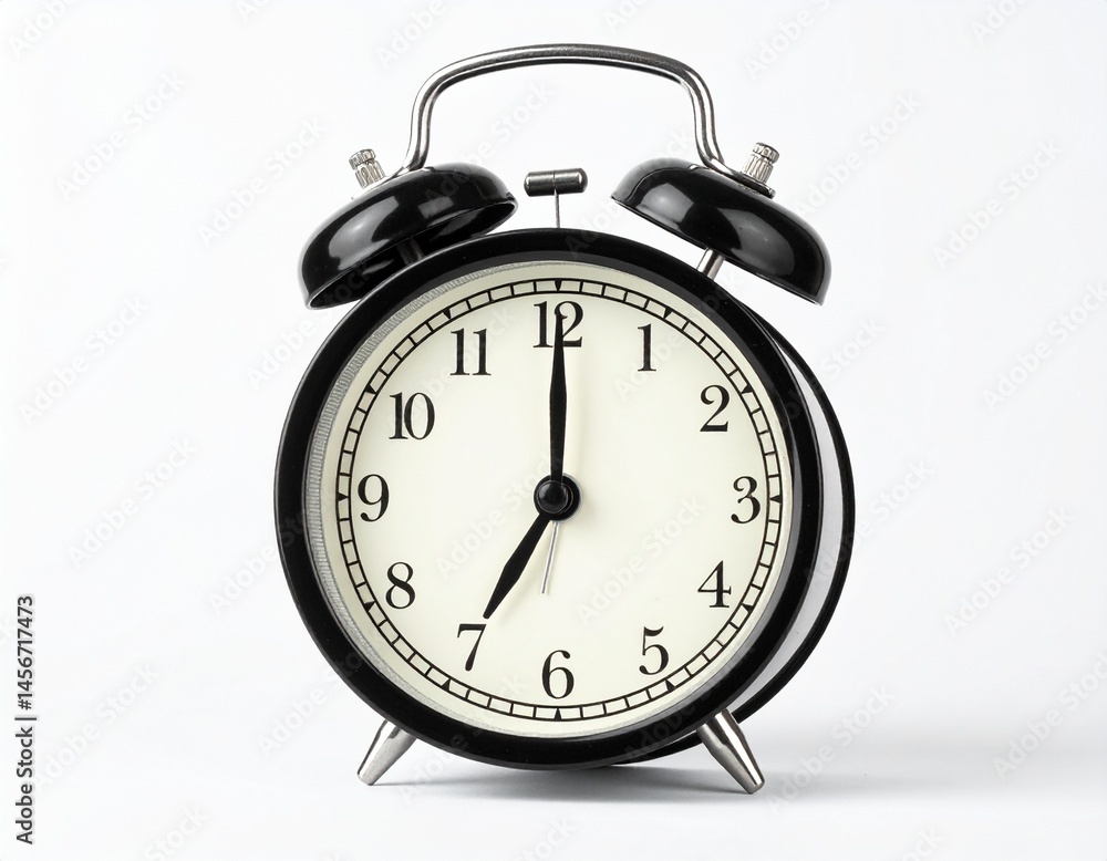 A classic black alarm clock showing 7 o'clock against a clean white background, time and style A classic black alarm clock showing 7 o'clock against a clean white background, time and style