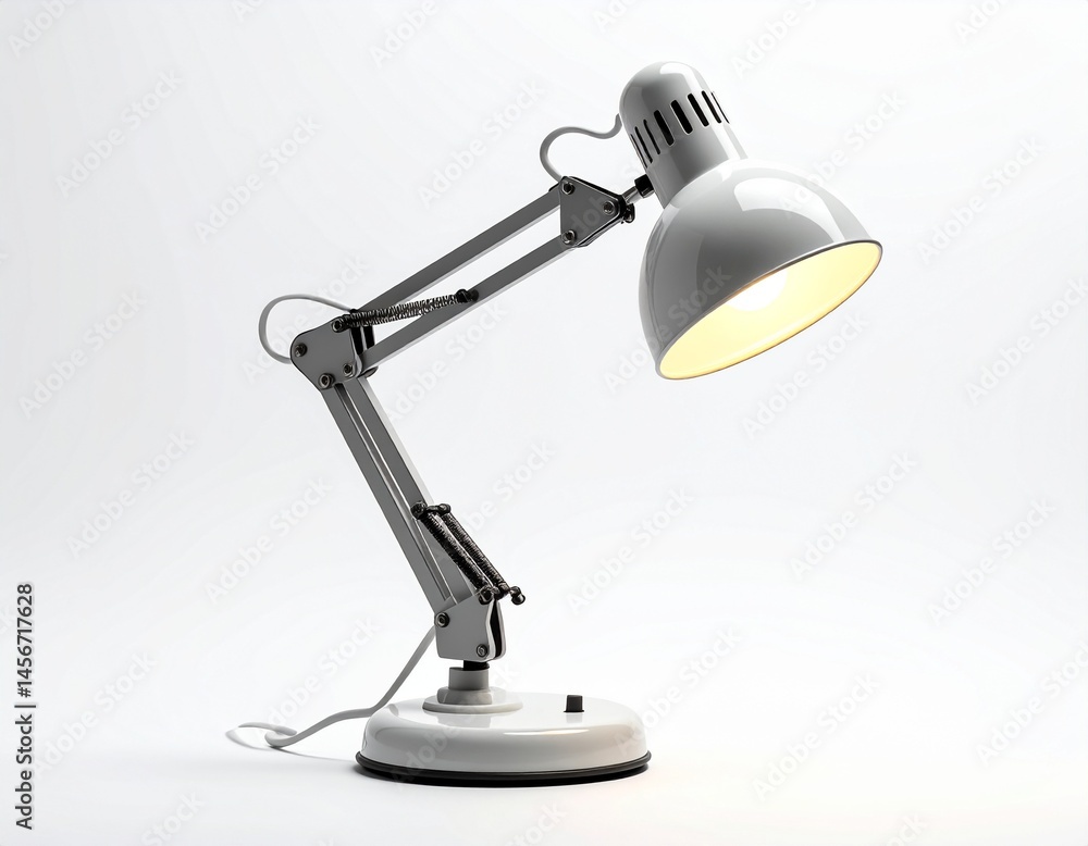 A white desk lamp with a swivel arm, illuminating a bright light against a plain white background. It's modern and functional A white desk lamp with a swivel arm, illuminating a bright light against a plain white background. It's modern and functional
