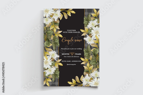 WEDDING INVITATION FRAME WITH FLOWER DECORATIONS AND FRESH LEAVES