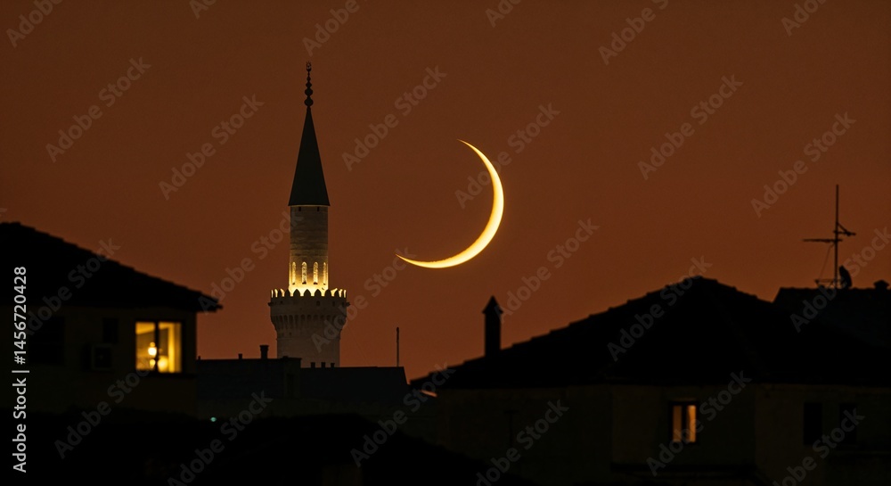 Fototapeta premium Crescent Moon over a Mosque at Dusk