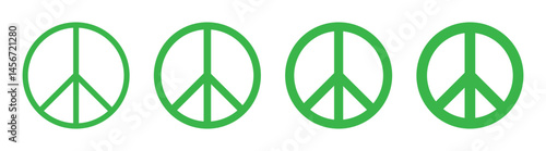 Green peace vector icon set isolated on white background. Set of green peace signs icon of different thicknesses. Peace symbols different shape. Vector illustration of peace mark.