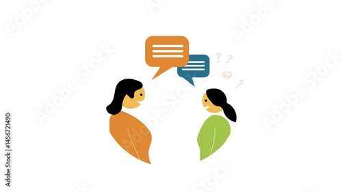 Flat vector motion graphic of word-of-mouth feedback and communication between two customers in a business environment