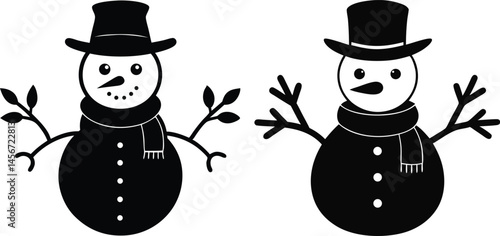 Gingerbread silhouette vector icon set, man with a broom, snowman with a cane, set of funny cartoon snowman, vector set of funny snowman, set of funny snowman.