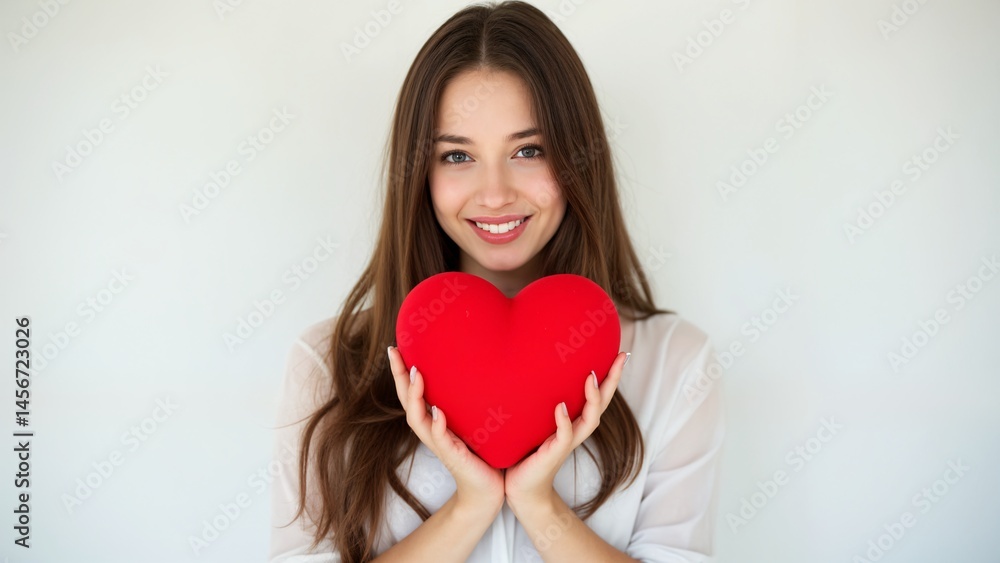 A woman holding a red heart in front of her face. A woman holding a red heart in front of her face.