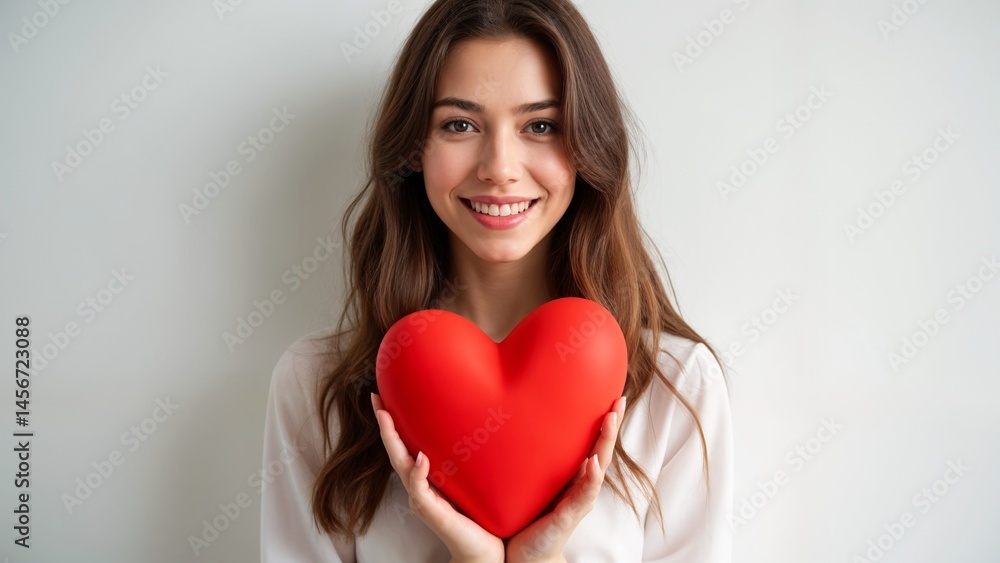 A woman holding a large red heart in her hands. A woman holding a large red heart in her hands.