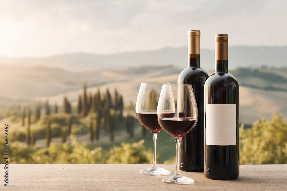 Fototapeta premium Bottles of red wine with mockup label and two glasses on an outdoor table with a rural sunset landscape in the background