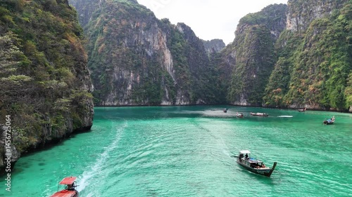 Drone shot of longtail boats in Pileh Lagoon, Thailand. Boats in Thailand