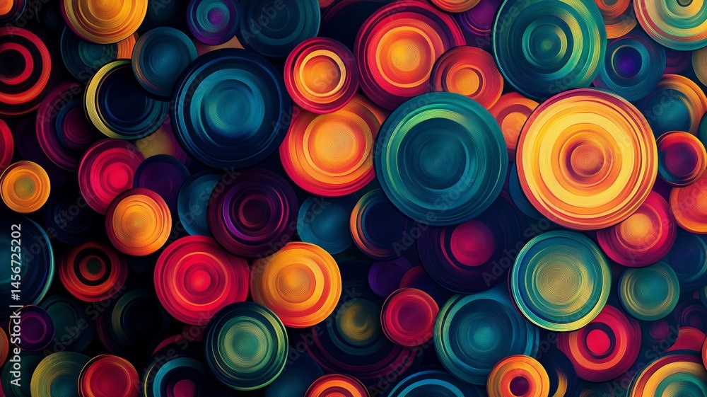 Vibrant abstraction featuring colorful circles against a dark background in a dynamic artistic composition Vibrant abstraction featuring colorful circles against a dark background in a dynamic artistic composition