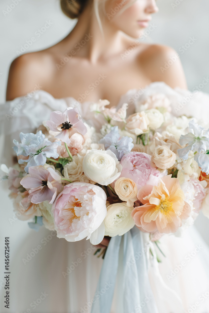 Naklejka premium Wedding bouquet of delicate pastel pink, blue and white flowers in the hands of a bride
