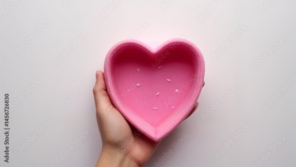 Fototapeta premium A hand holding a pink heart shaped box on a white surface.