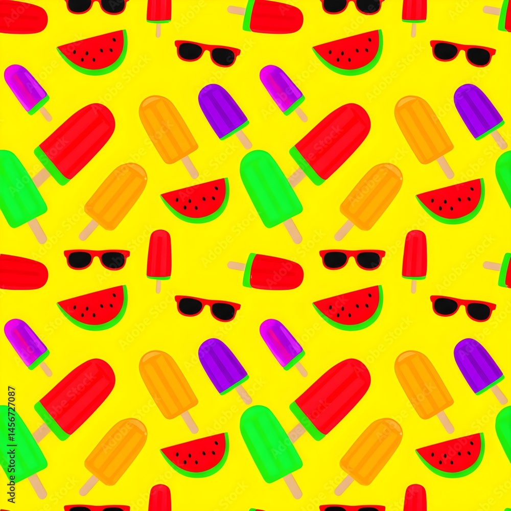 Fun colorful pattern of illustrated popsicles sunglasses and watermelon slices on bright yellow Fun colorful pattern of illustrated popsicles sunglasses and watermelon slices on bright yellow