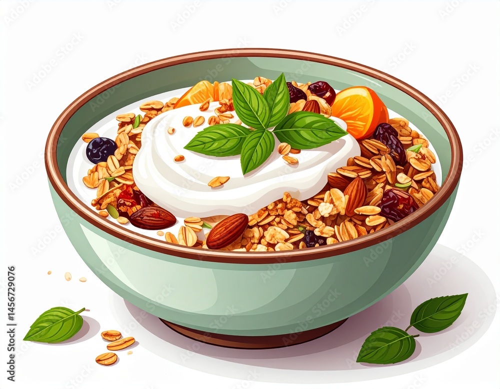 Healthy breakfast bowl featuring creamy yogurt, granola, fruit, and fresh basil, displayed against a white backdrop