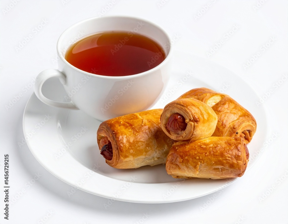A close-up shot shows a cup of tea next to a plate with sausage rolls. The tea has a dark brown color