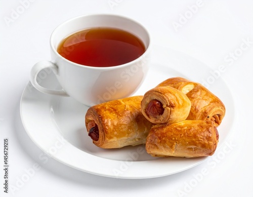 A close-up shot shows a cup of tea next to a plate with sausage rolls. The tea has a dark brown color