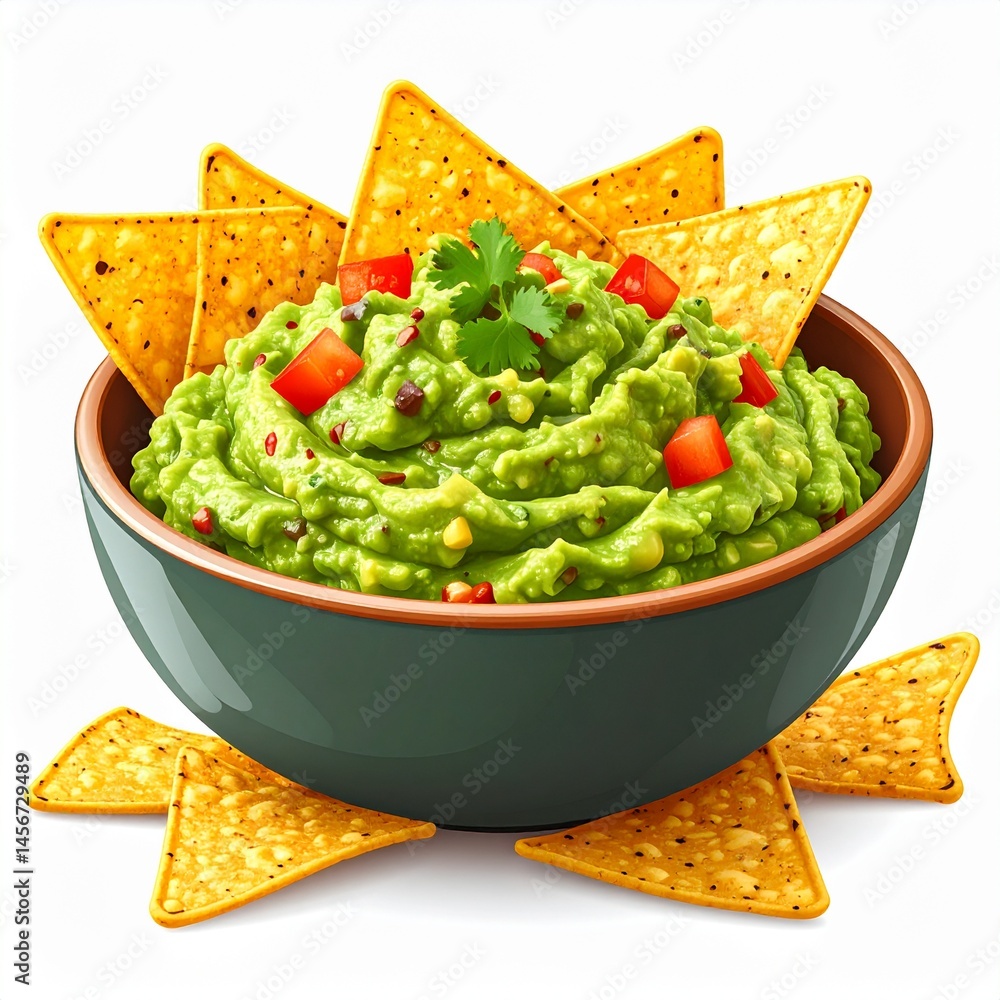 A vibrant bowl of guacamole is surrounded by golden tortilla chips. Fresh cilantro and diced tomatoes top the dip