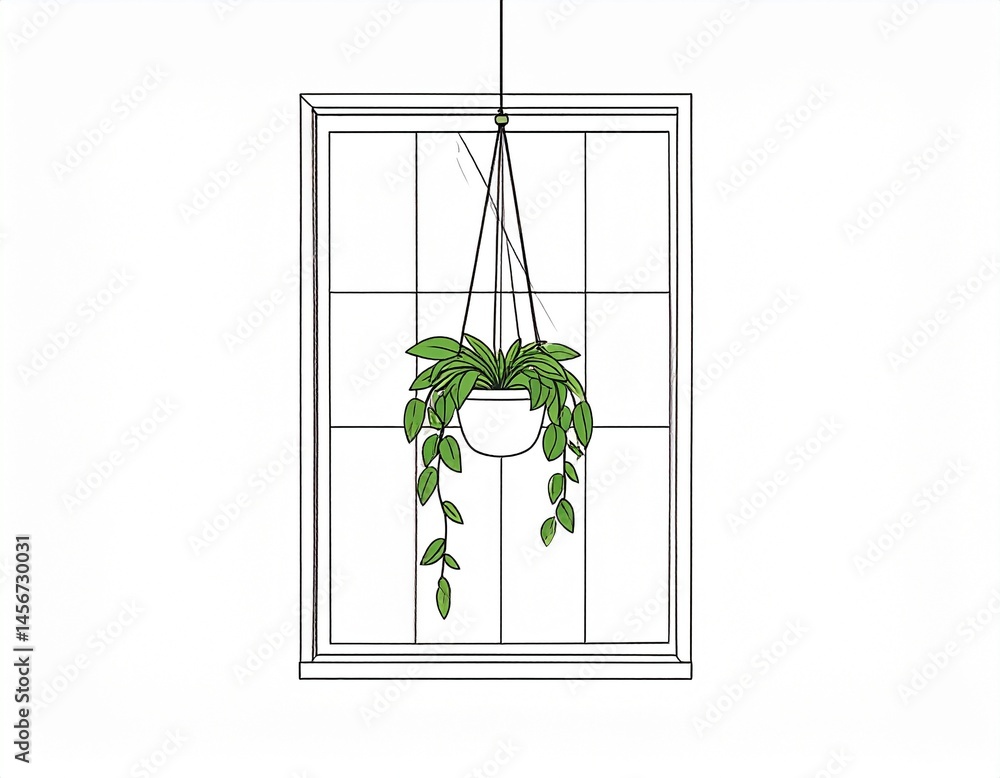 A minimalist illustration features a window with a hanging plant pot filled with green foliage. The image is a black and white line drawing
