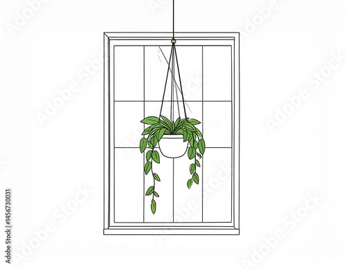 Obraz na płótnie A minimalist illustration features a window with a hanging plant pot filled with green foliage. The image is a black and white line drawing w salonie