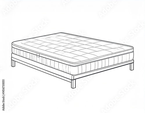 Detailed line art illustration of a rectangular mattress atop a simple bed frame with four legs. The mattress features a quilted top and a clean, modern aesthetic