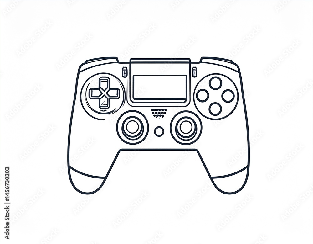 Outlined view of a handheld controller. A symmetrical design featuring buttons, a directional pad, and joysticks, presented in black and white