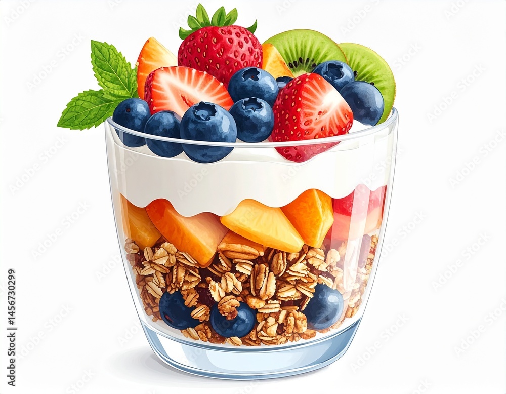A delicious layered parfait featuring granola, fruit, and creamy yogurt in a clear glass. It contains berries and slices of various fruit, garnished with fresh mint