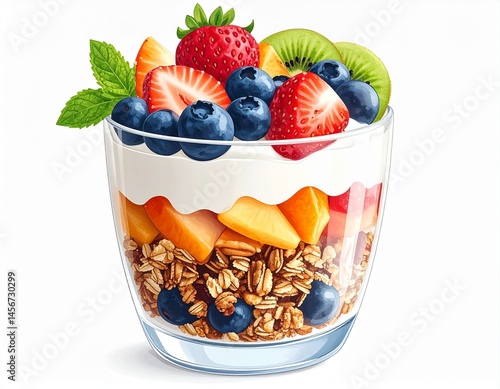 Obraz na płótnie A delicious layered parfait featuring granola, fruit, and creamy yogurt in a clear glass. It contains berries and slices of various fruit, garnished with fresh mint w salonie