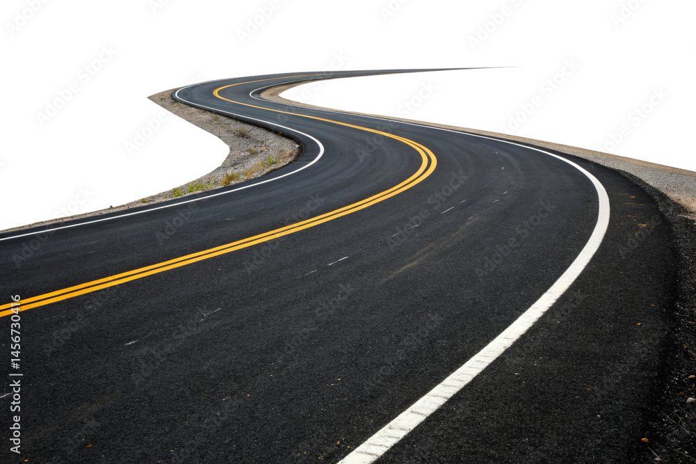 Obraz premium A curved road with yellow and white markings bordered by reflective barriers, offering a sense of direction and perspective. Isolated on a transparent background