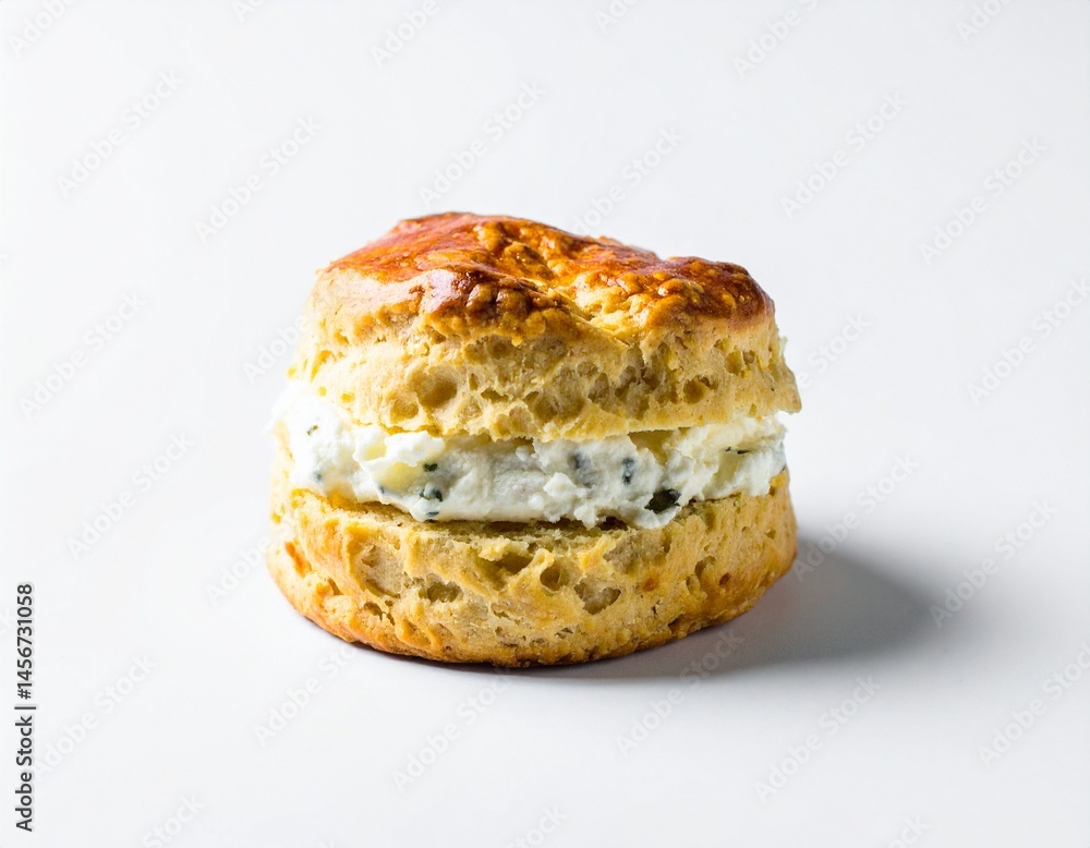 A delectable scone filled with creamy white filling. The golden-brown top contrasts with the soft interior layers, enticing