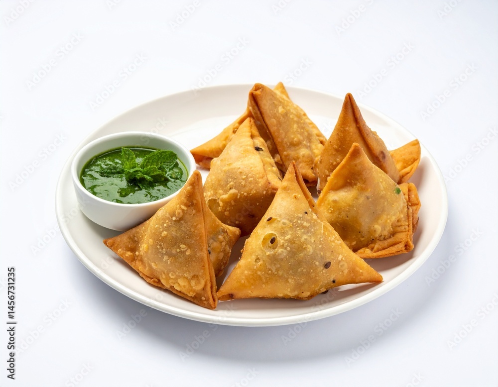 Golden-brown fried pastries with a savory filling served with a vibrant green dipping sauce on a white plate, a delicious treat