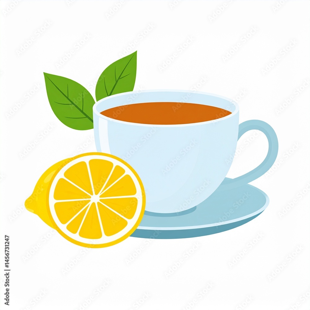 A cup of tea with a lemon slice and two green leaves. The cup sits on a saucer